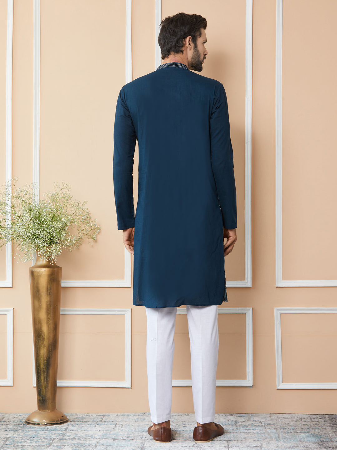 Dark Blue Thread & Sequin Worked Pure Cotton Straight Kurta with Pyjama