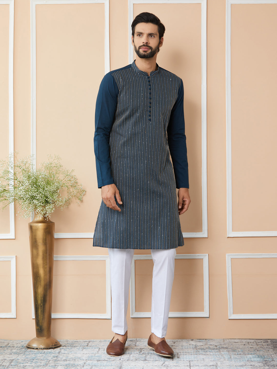 Dark Blue Thread & Sequin Worked Pure Cotton Straight Kurta with Pyjama
