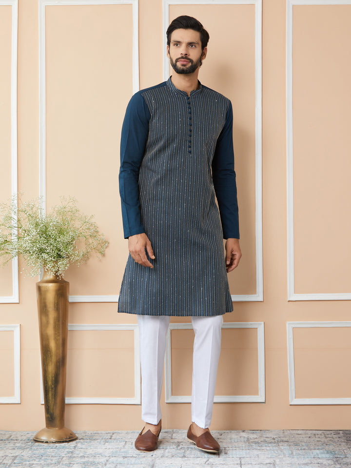 Dark Blue Thread & Sequin Worked Pure Cotton Straight Kurta with Pyjama