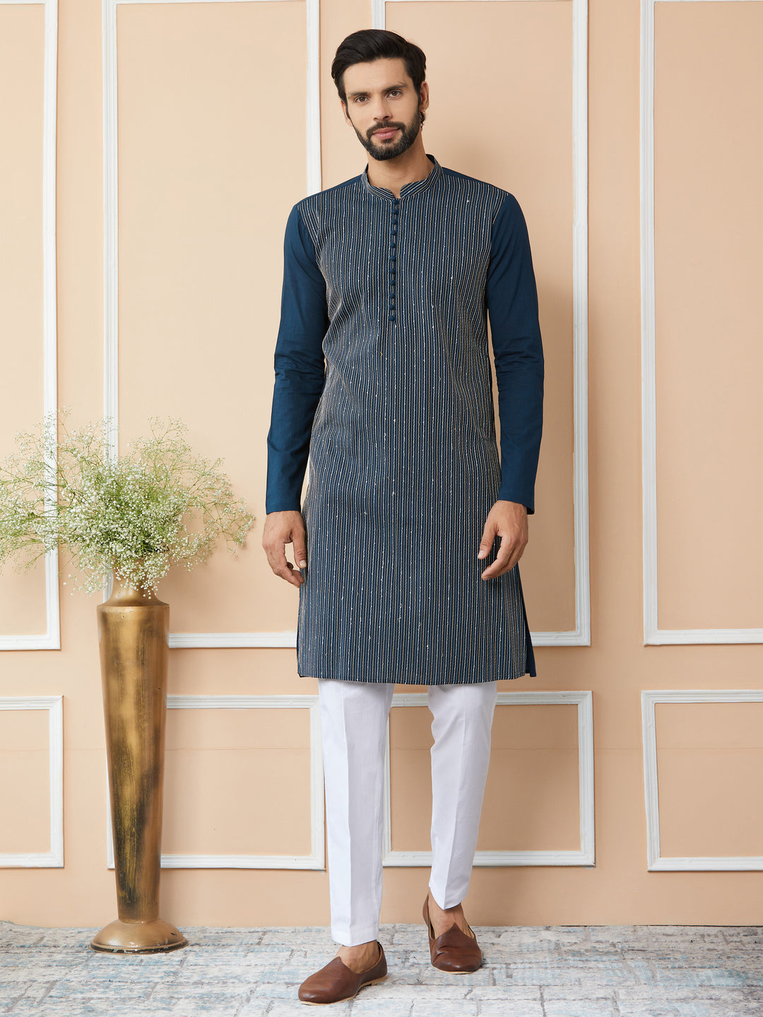 Dark Blue Thread & Sequin Worked Pure Cotton Straight Kurta with Pyjama