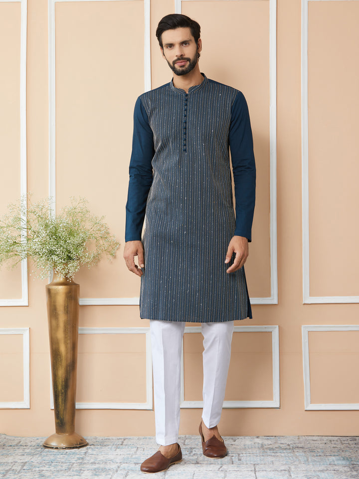 Dark Blue Thread & Sequin Worked Pure Cotton Straight Kurta with Pyjama
