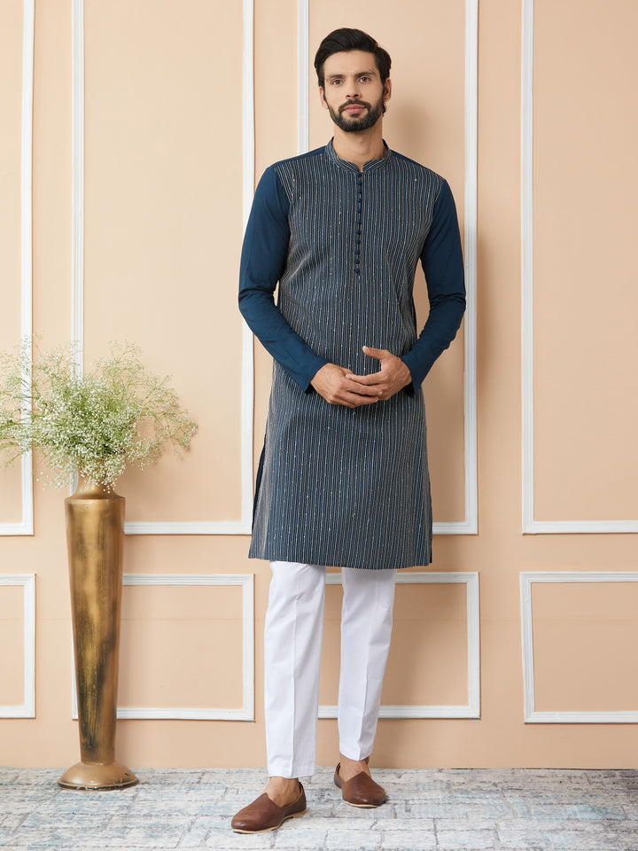 Dark Blue Thread & Sequin Worked Pure Cotton Straight Kurta with Pyjama