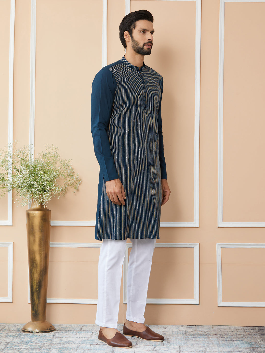Dark Blue Thread & Sequin Worked Pure Cotton Straight Kurta with Pyjama