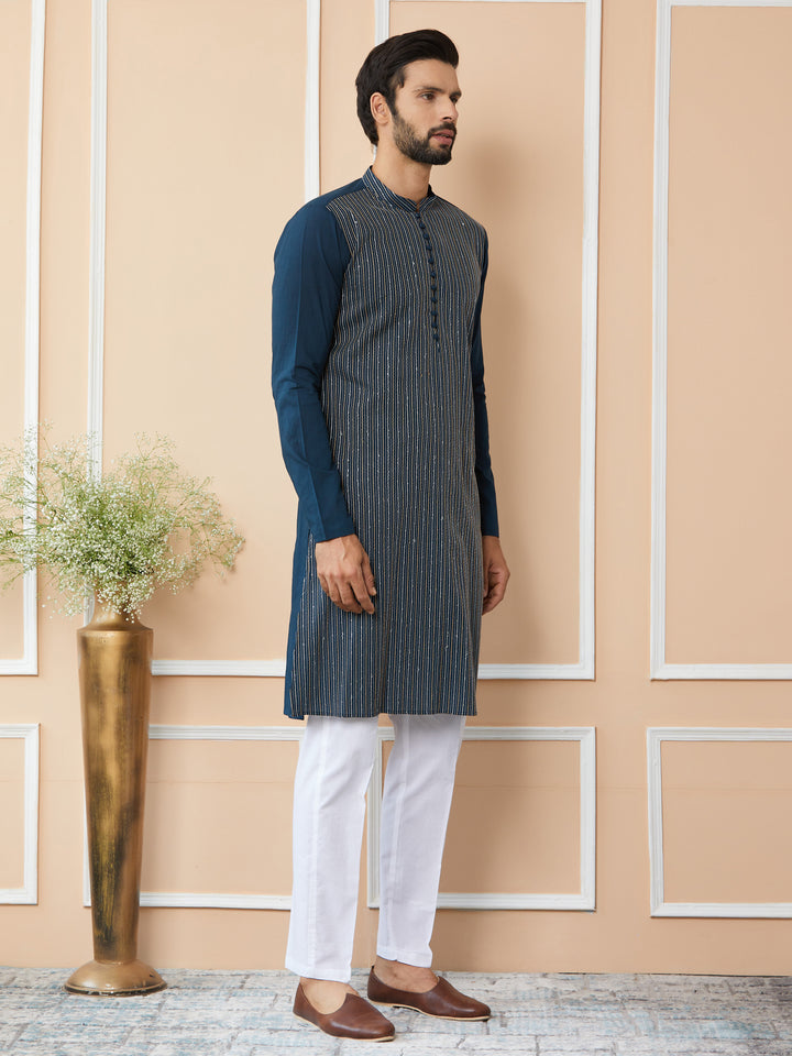 Dark Blue Thread & Sequin Worked Pure Cotton Straight Kurta with Pyjama