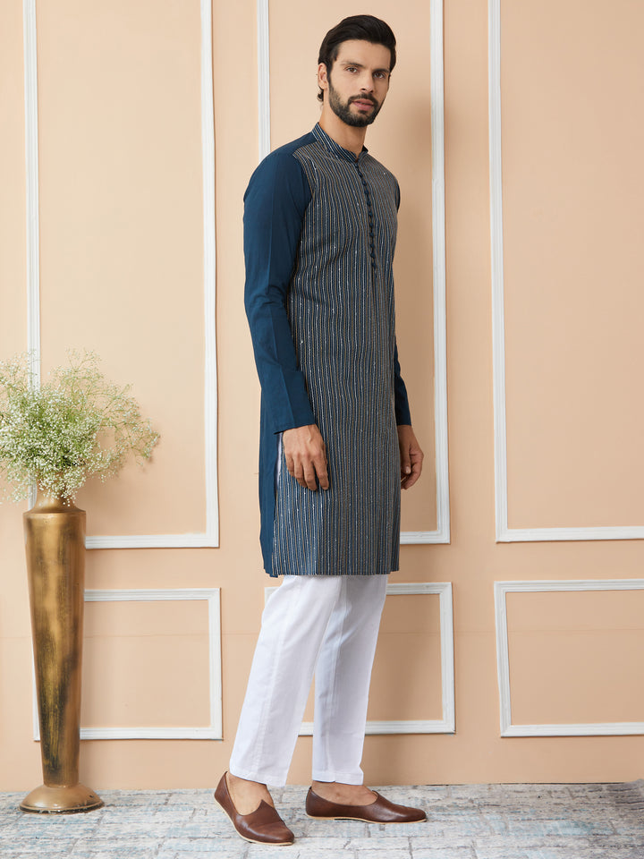 Dark Blue Thread & Sequin Worked Pure Cotton Straight Kurta with Pyjama