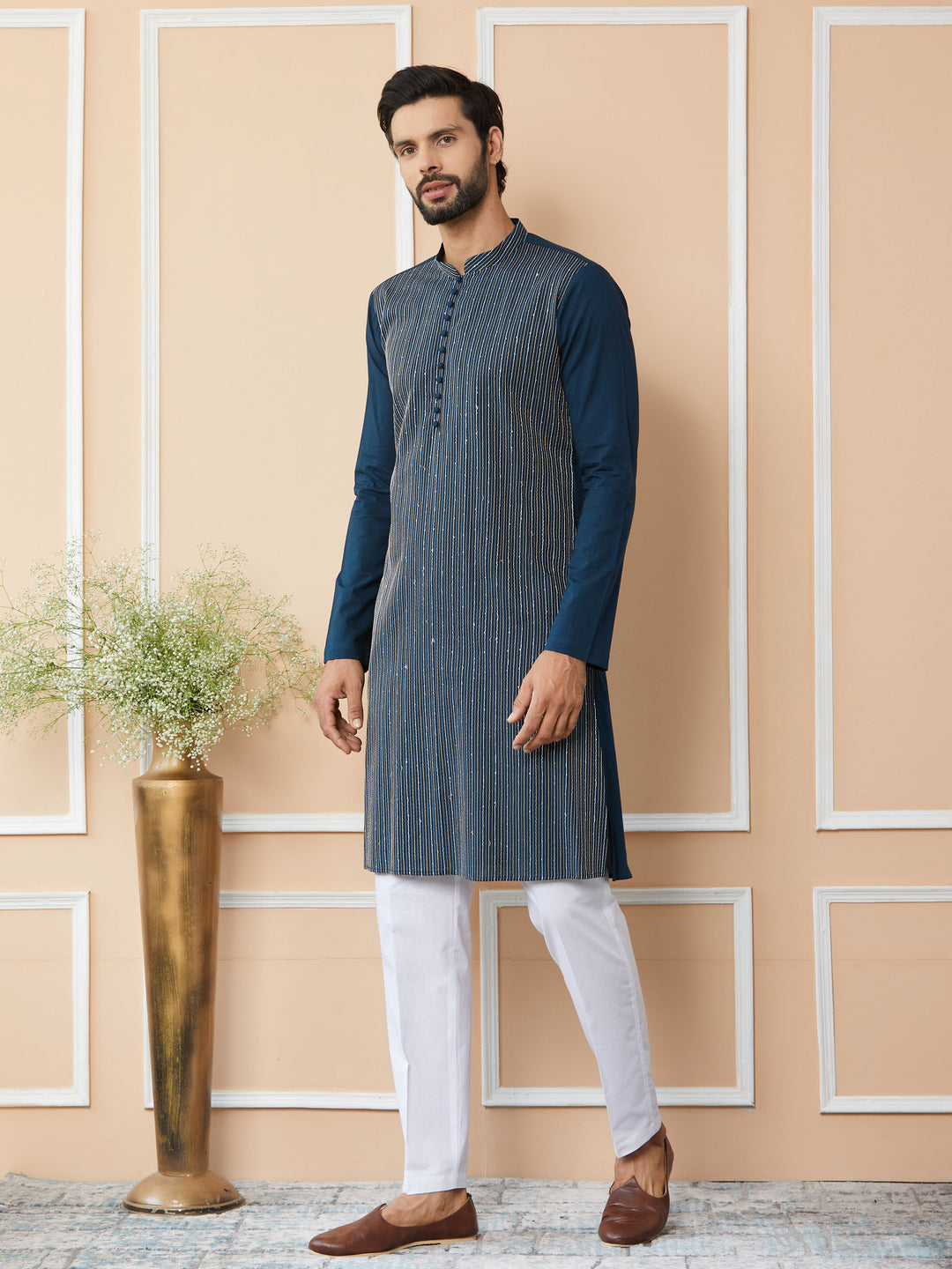 Dark Blue Thread & Sequin Worked Pure Cotton Straight Kurta with Pyjama
