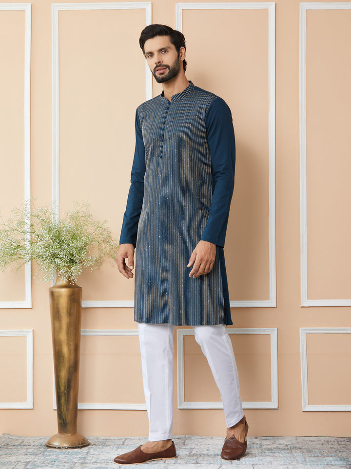 Dark Blue Thread & Sequin Worked Pure Cotton Straight Kurta with Pyjama
