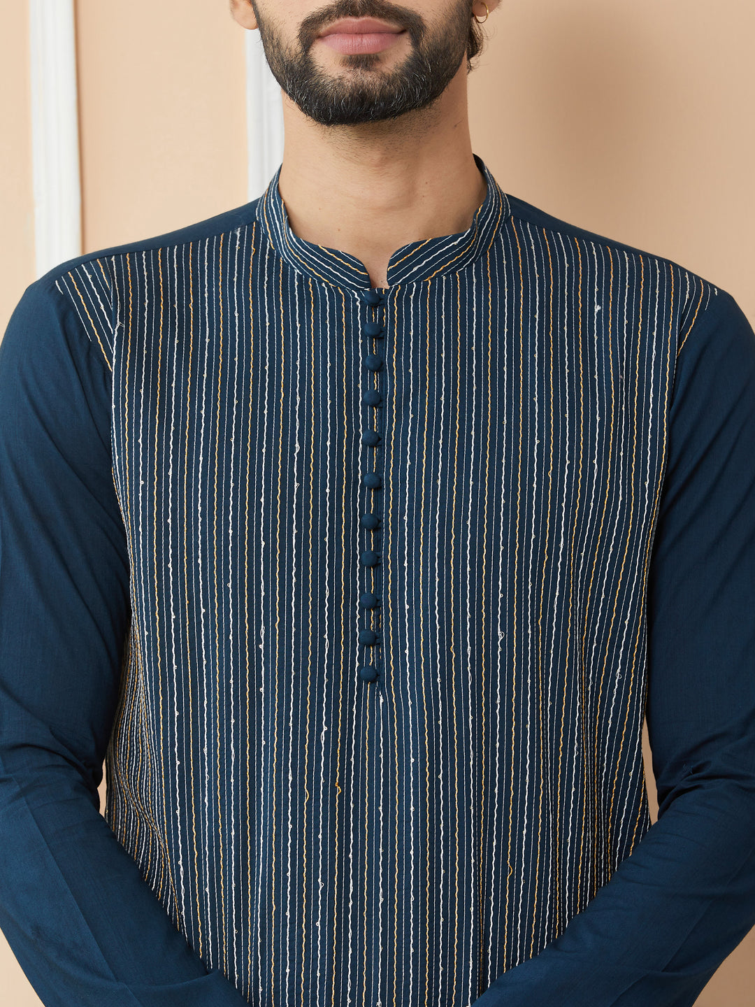 Dark Blue Thread & Sequin Worked Pure Cotton Straight Kurta with Pyjama