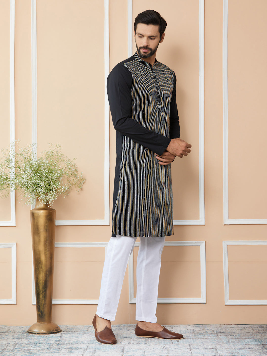 Black Thread & Sequin Worked Pure Cotton Straight Kurta with Pyjama