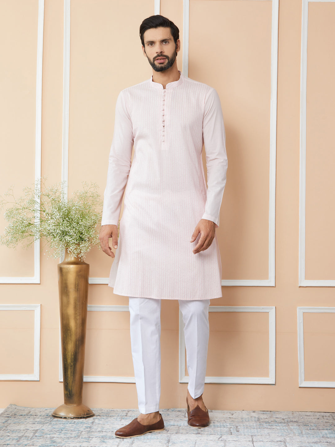 Light Pink Thread Sequin Worked Pure Cotton Straight Kurta – See