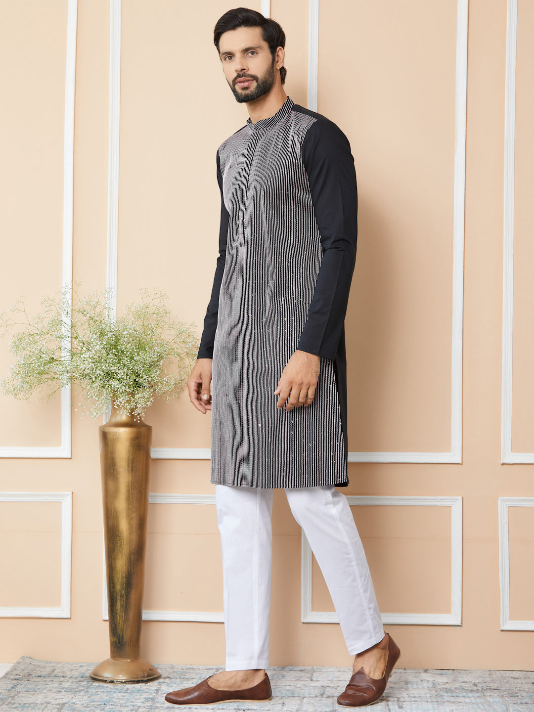 Black Thread & Sequin Worked Pure Cotton Straight Kurta with Pyjama