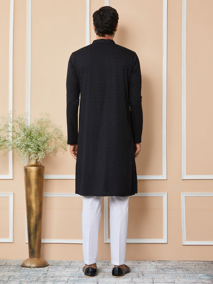 Black Embroidered Chikankari Rayon Straight Kurta with Pyjama