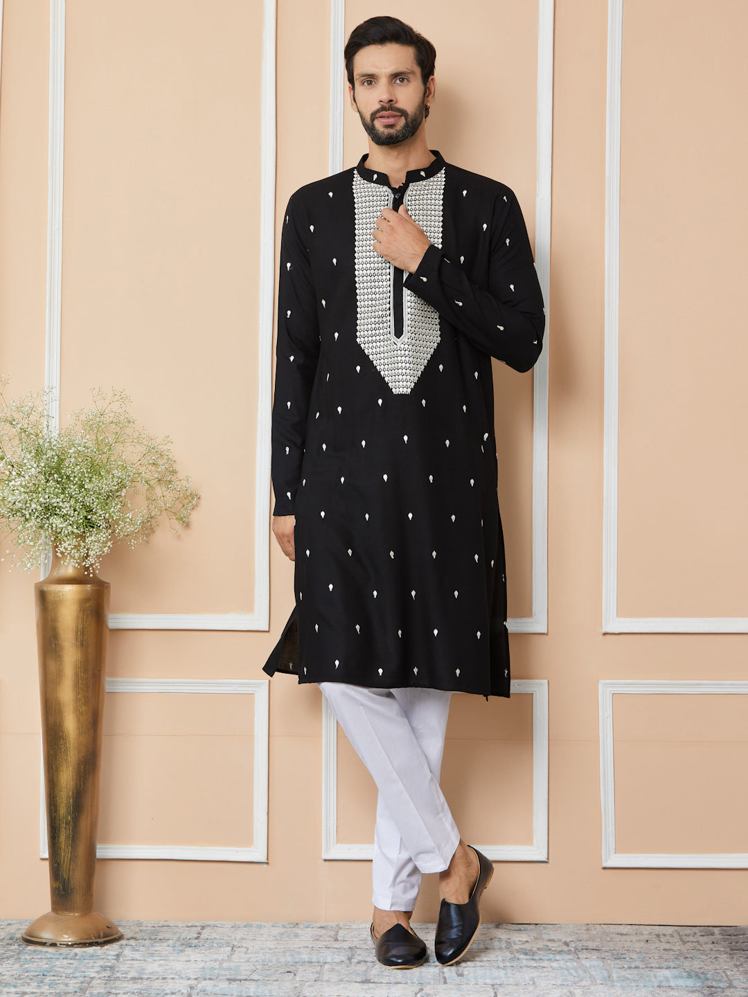 Black Sequins Embroidered Rayon Straight Kurta with Yoke Design and Pyjama