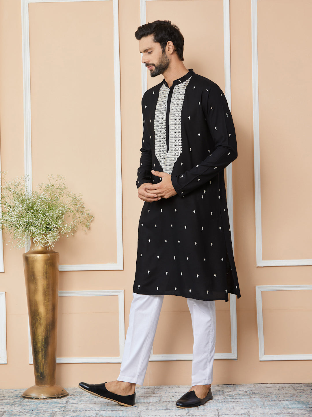 Black Sequins Embroidered Rayon Straight Kurta with Yoke Design and Pyjama