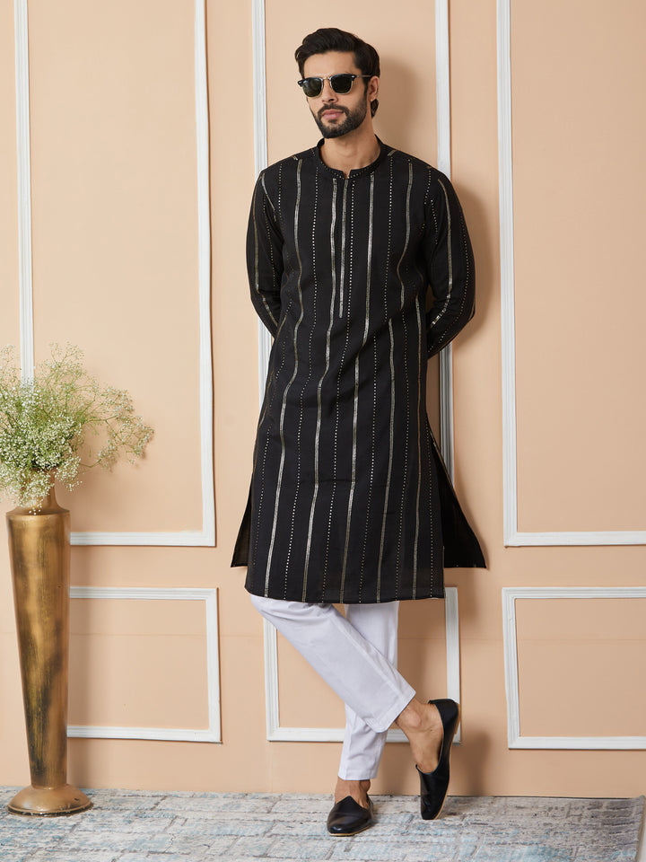 Black Sequins Embroidered Pure Chanderi Silk Straight Kurta with Pyjama