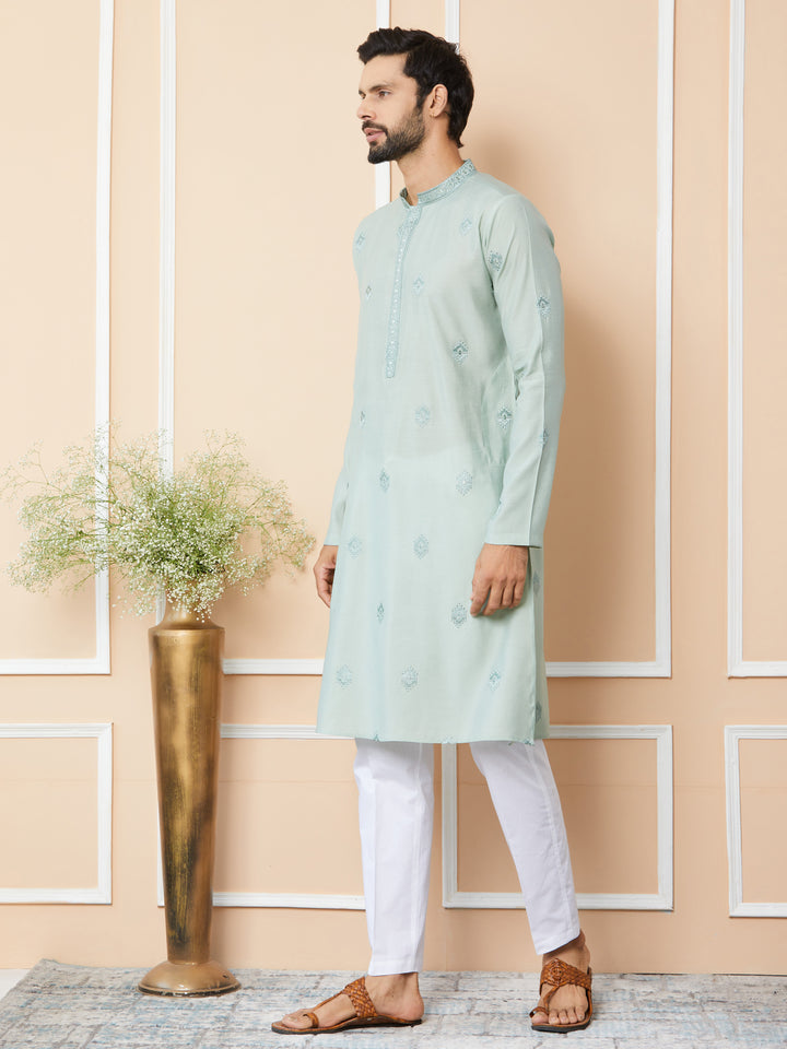 Peppermint Green Embroidered Pure Chanderi Silk Straight Kurta