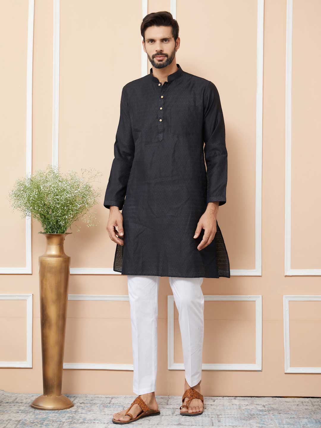 Ethnic Motifs Silk Jacquard Black Straight Kurta With Pajama For Men
