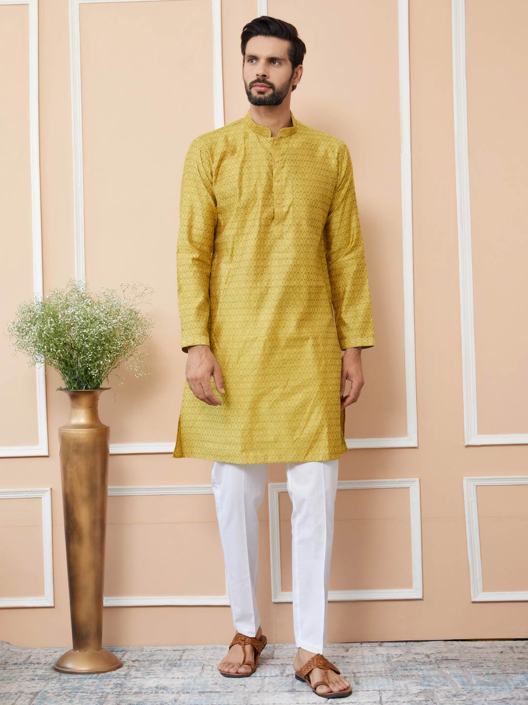Yellow Ethnic Motifs Silk Jacquard Woven Design Straight Kurta with Pyjama