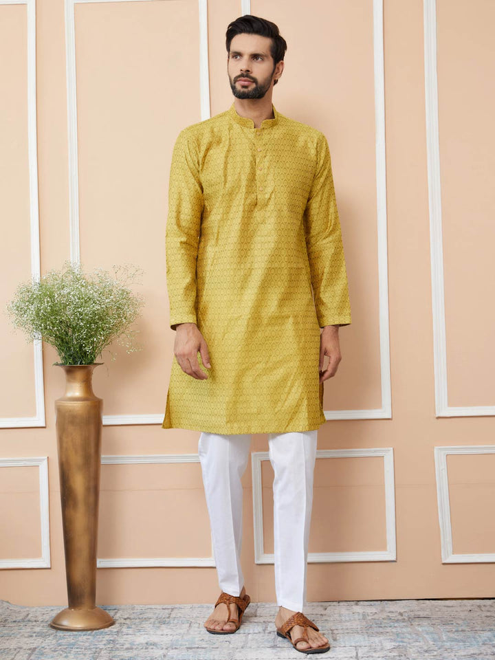 Yellow Ethnic Motifs Silk Jacquard Woven Design Straight Kurta with Pyjama