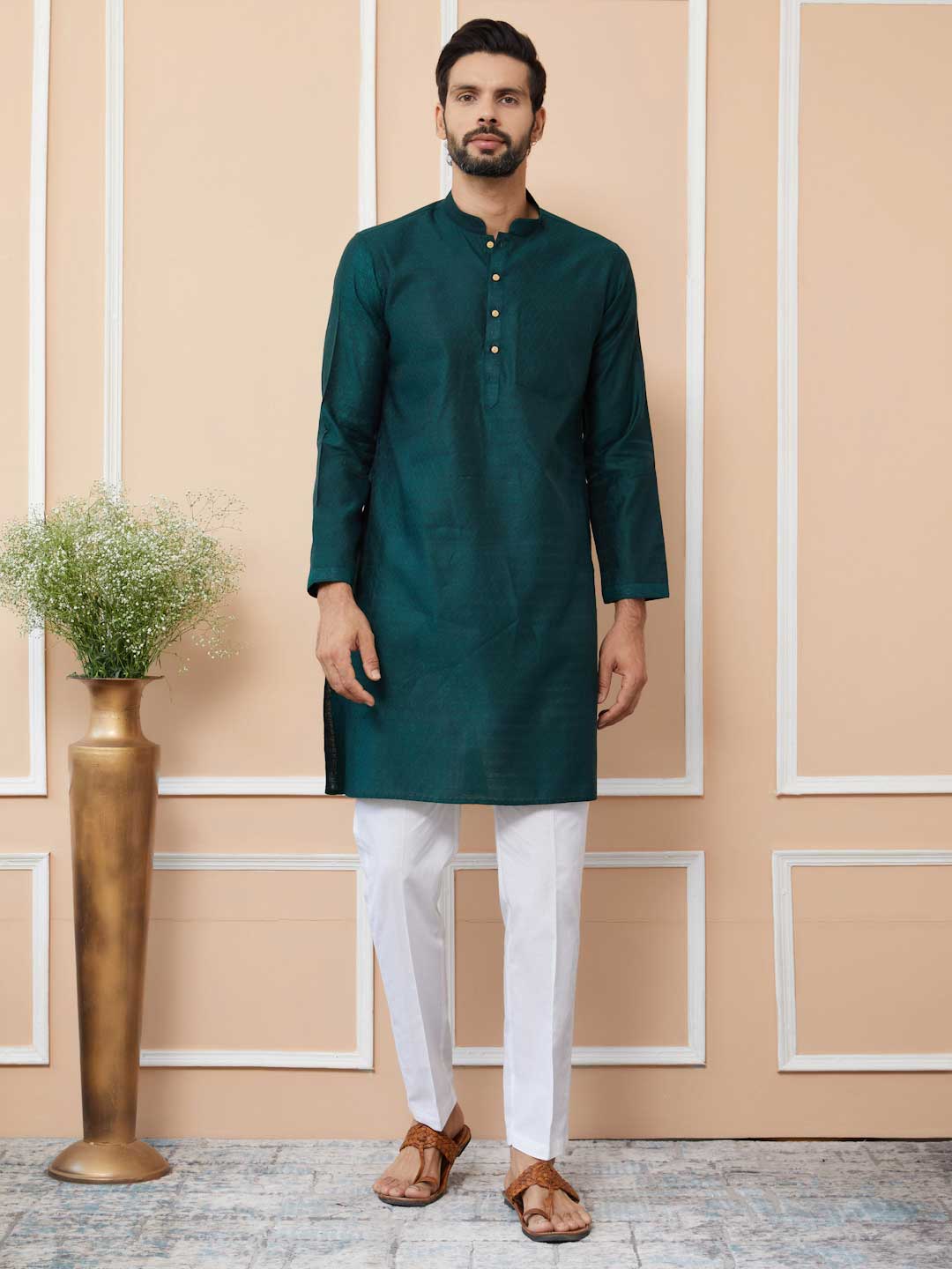 Dark Green Ethnic Motifs Silk Jacquard Woven Design Straight Kurta with Pyjama