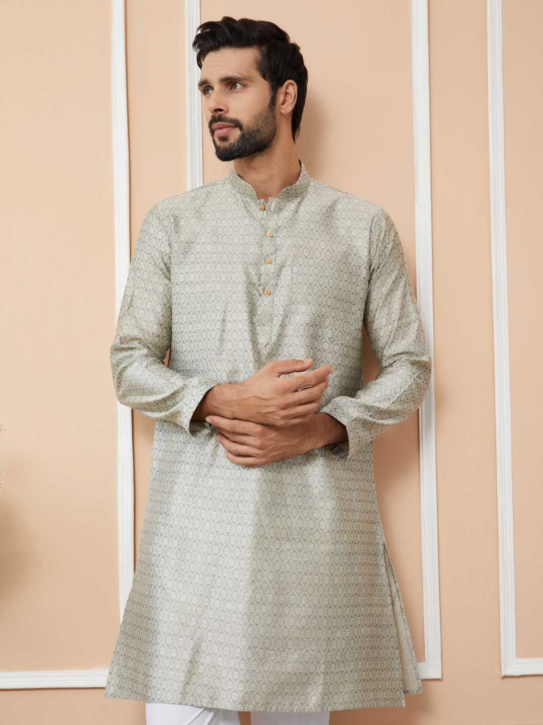 Cream-Grey Ethnic Motifs Silk Jacquard Woven Design Straight Kurta with Pyjama