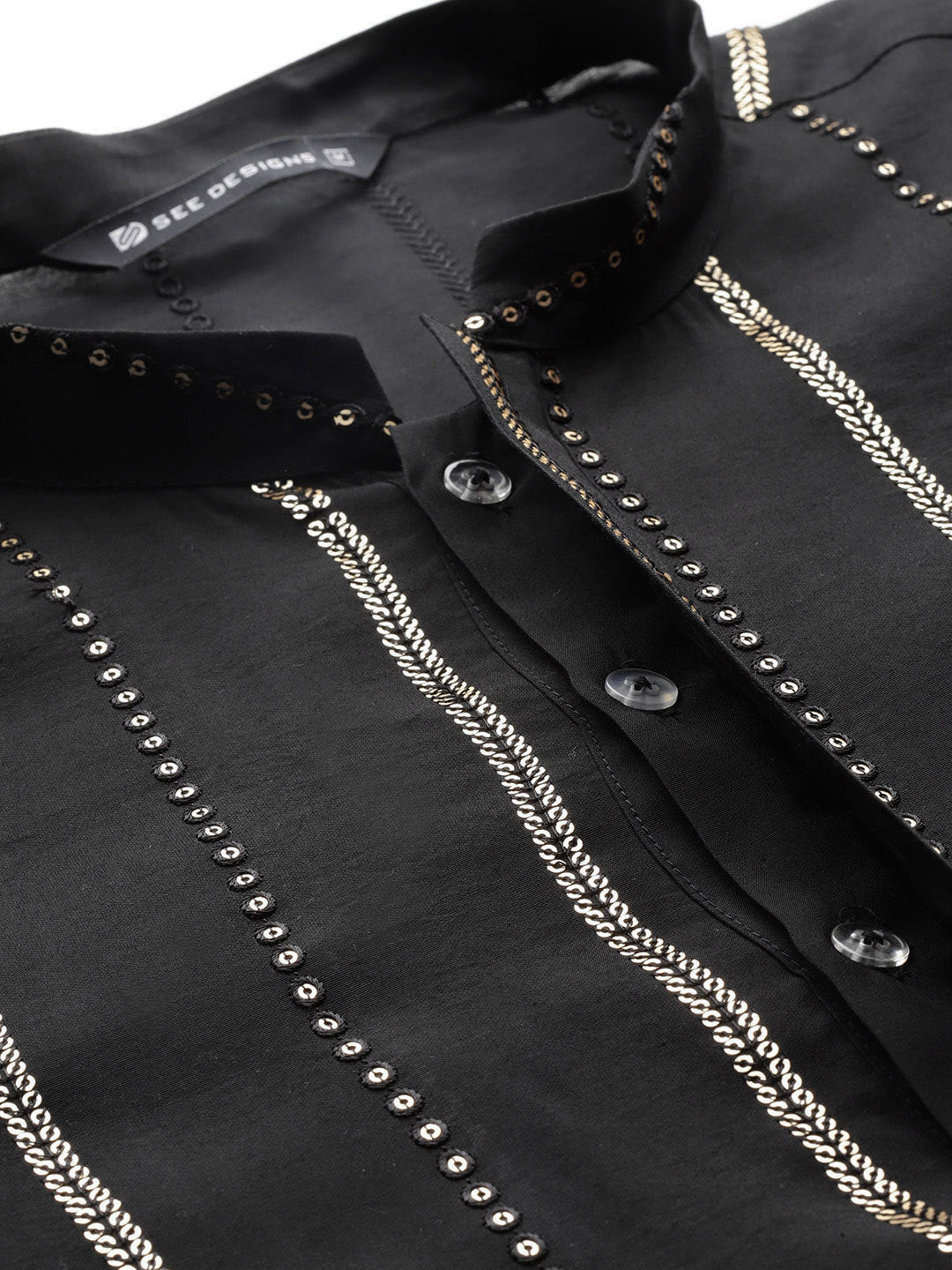 Men’s Black Chanderi Silk Kurta with Embroidery and Sequins, Paired with Pyjama