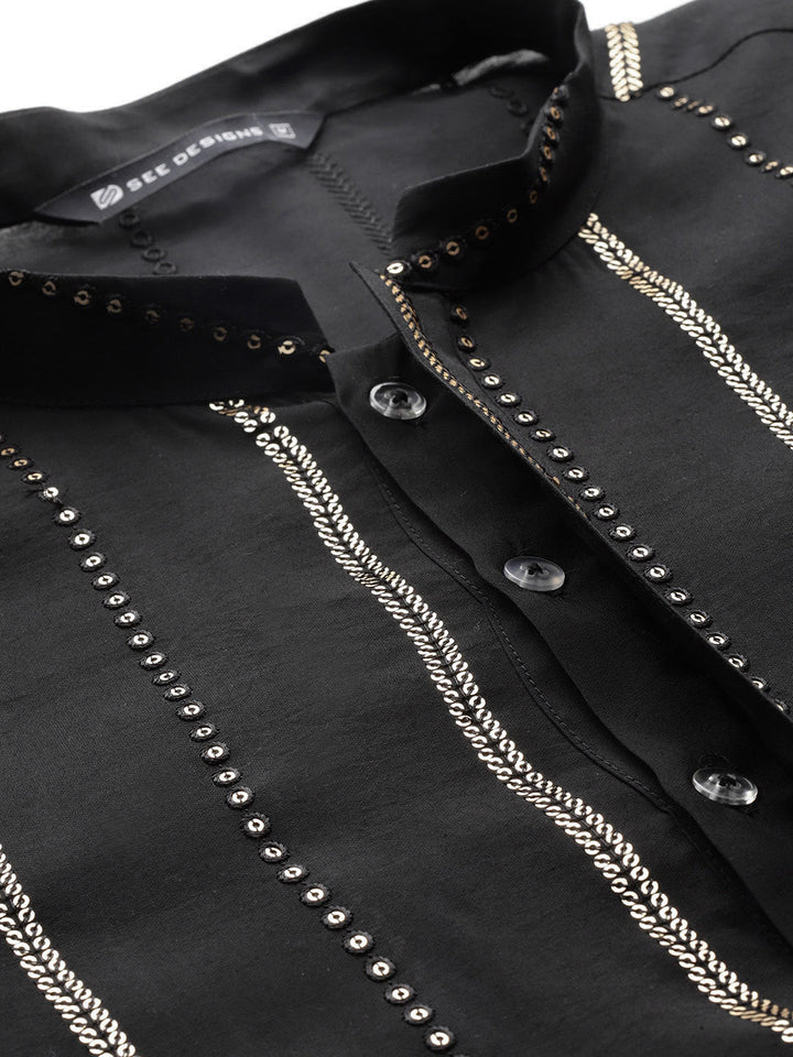 Men’s Black Chanderi Silk Kurta with Embroidery and Sequins, Paired with Pyjama