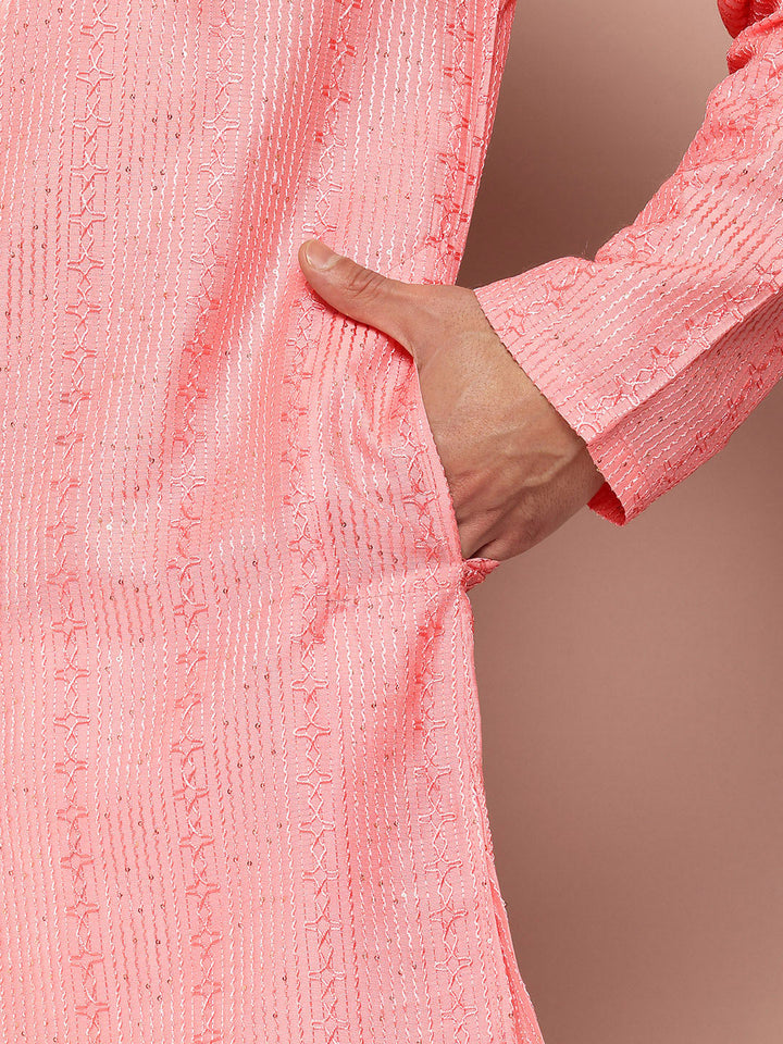 Men’s Pink Chanderi Silk Kurta with Embroidery and Sequins, Paired with Pyjama