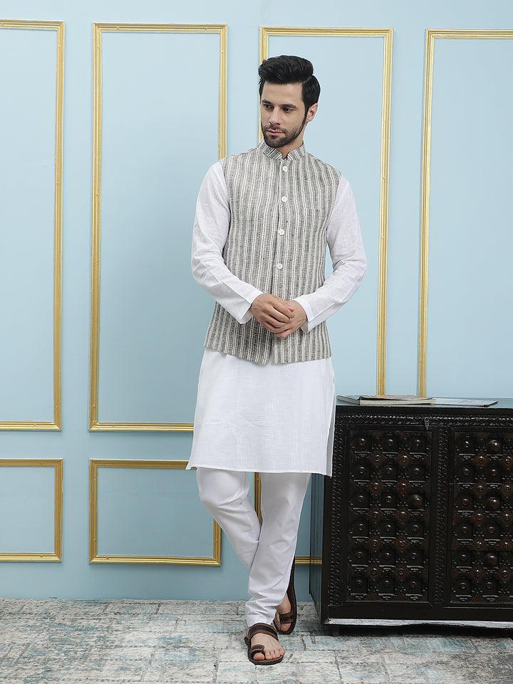 Pure Cotton Straight Kurta & Pyjama with Handwoven Pure Cotton Nehru Jacket