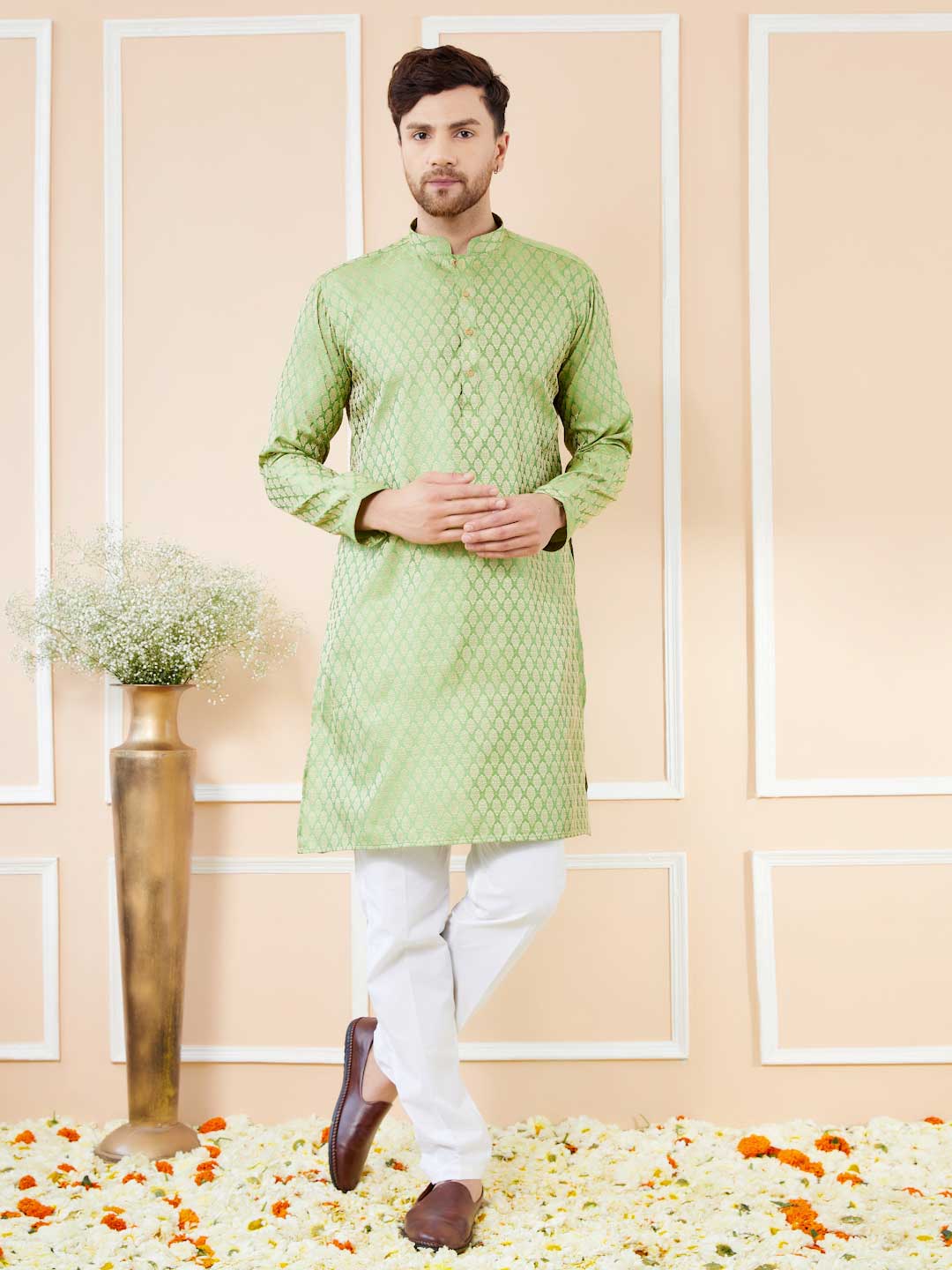 Light Green Ethnic  Silk Woven Design Straight Kurta with pyjama see designs