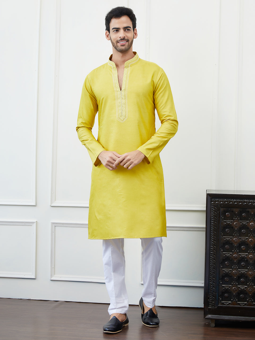 Mustard Solid Cotton Kurta with Embroidered Sequin and Thread