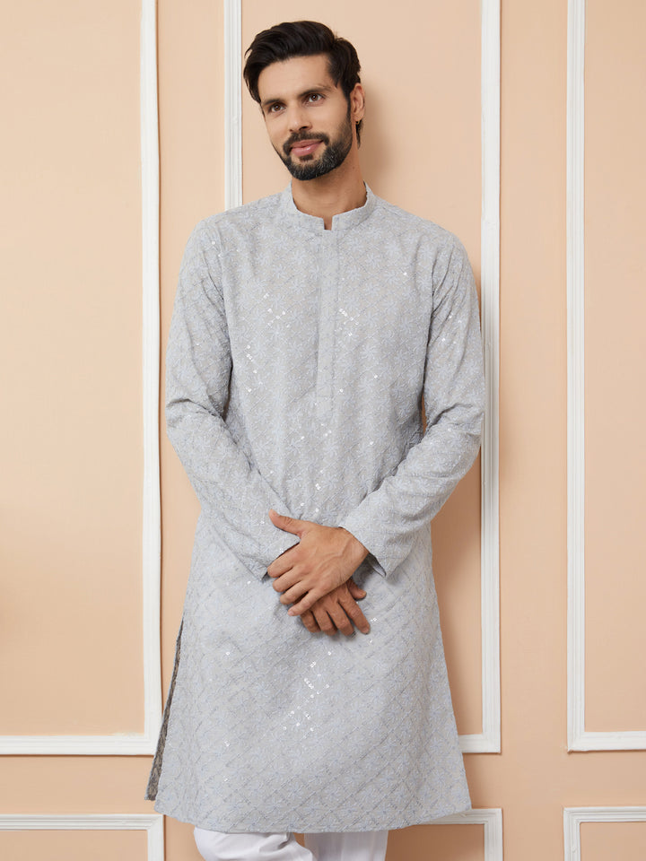 Grey Sequins and Thread Embroidered Cotton Straight Kurta