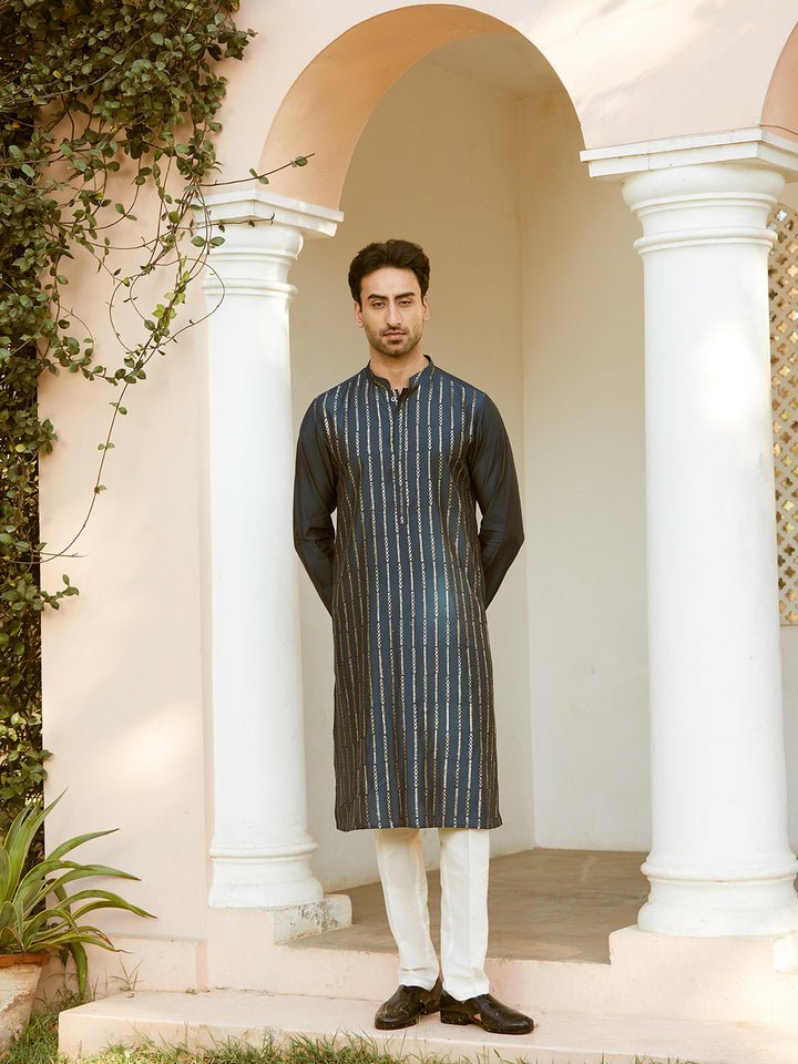 Sequins Embroidered Pure Chanderi Silk Straight Kurta with Pyjama