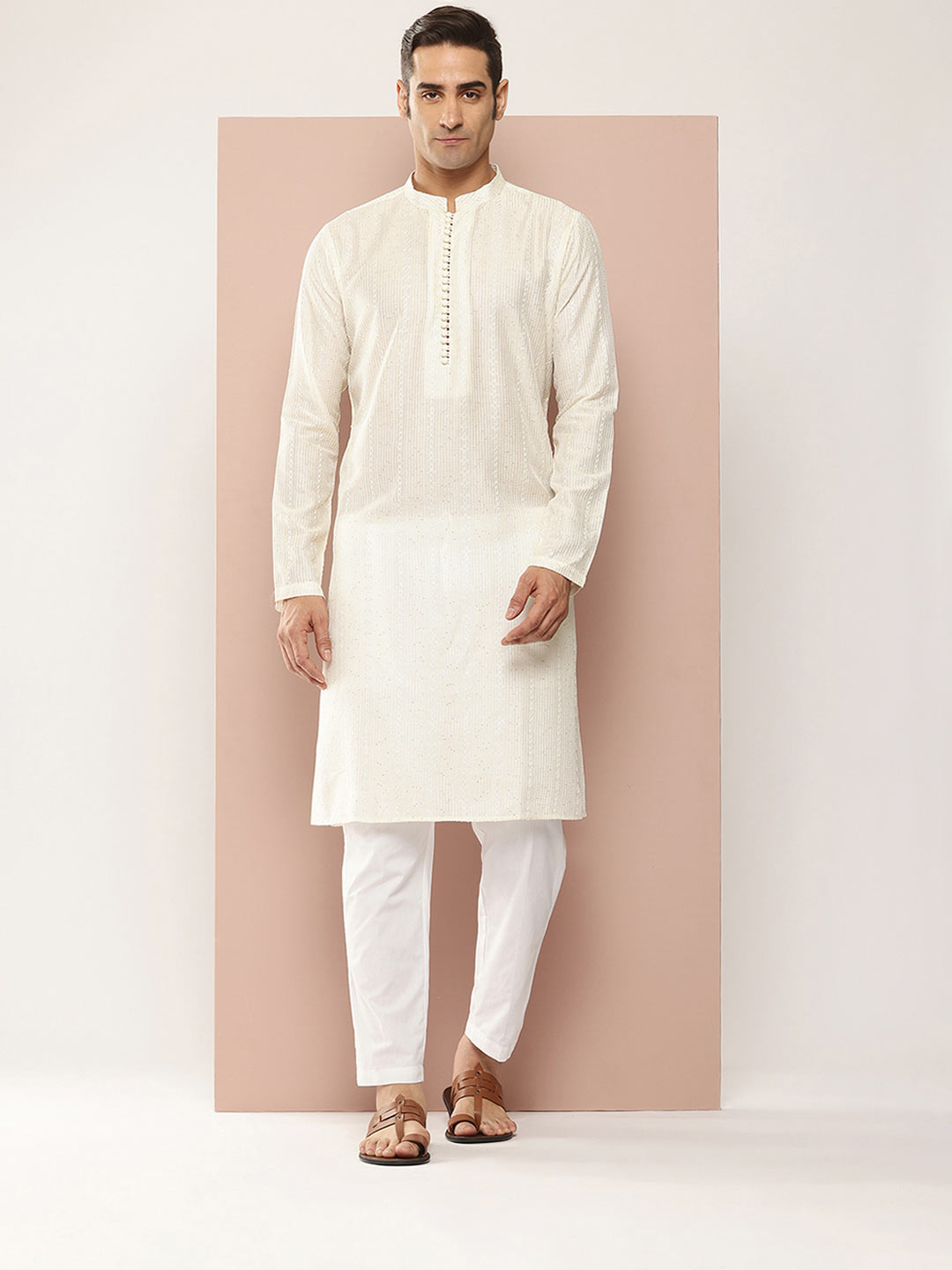 Men’s Off White Chanderi Silk Kurta with Embroidery and Sequins, Paired with Pyjama