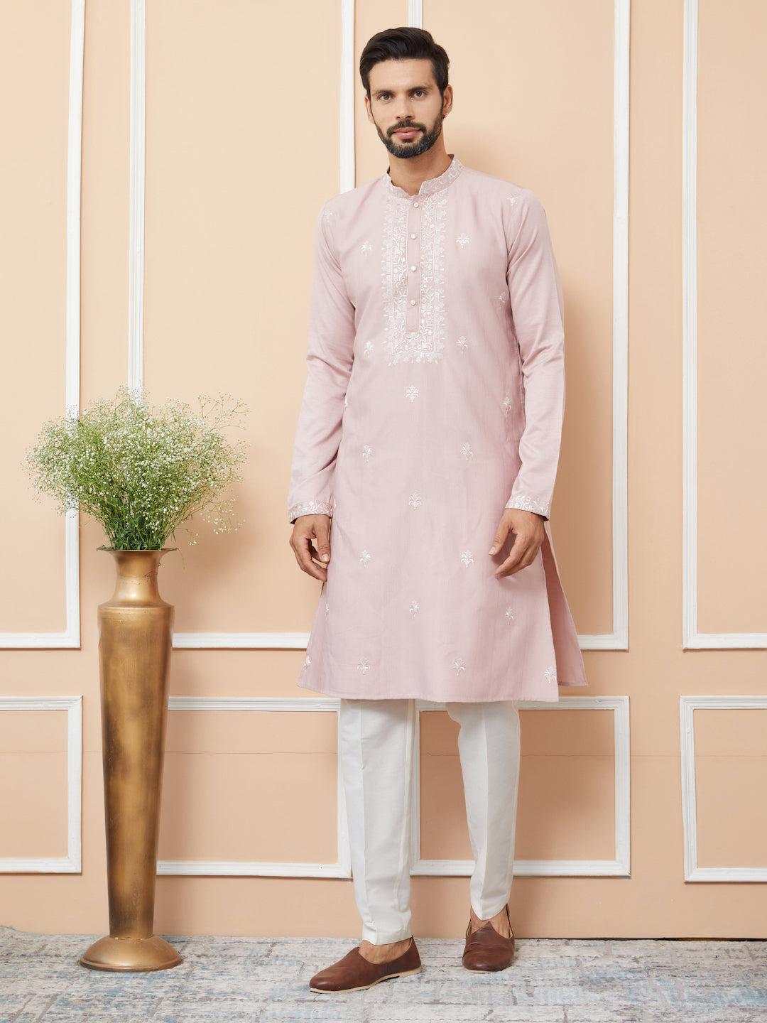 Peach Embroidered Zara Silk Straight Kurta