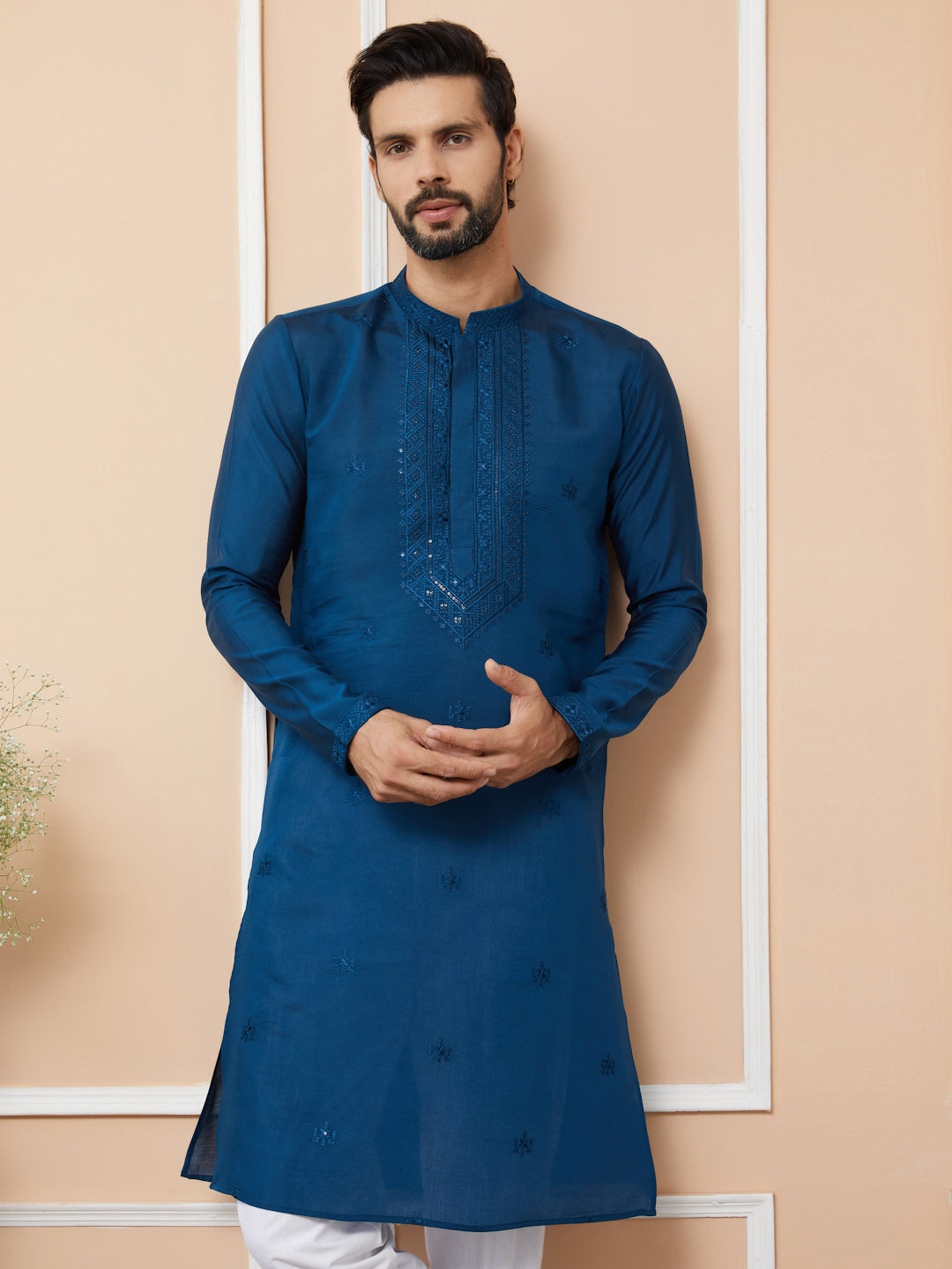 Inddus Navy & White Chanderi Cotton Embroidered Kurta with Trousers