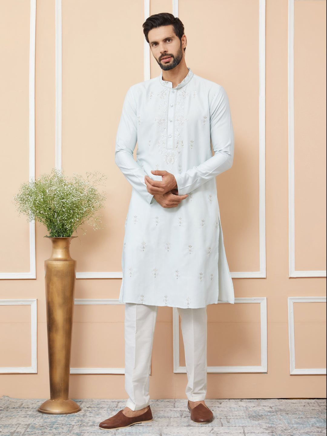 Light Blue Embroidered Zara Silk Straight Kurta
