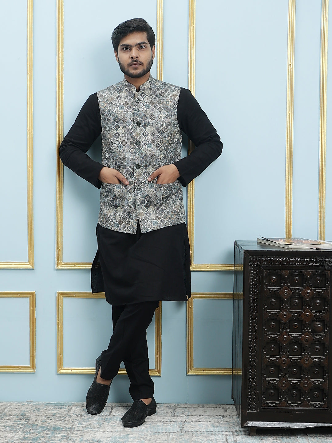 Pure Cotton Straight Kurta & Pyjama Set with Printed Cotton Nehru Jacket