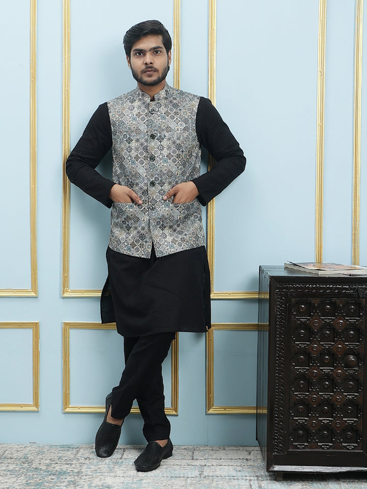 Pure Cotton Straight Kurta & Pyjama Set with Printed Cotton Nehru Jacket