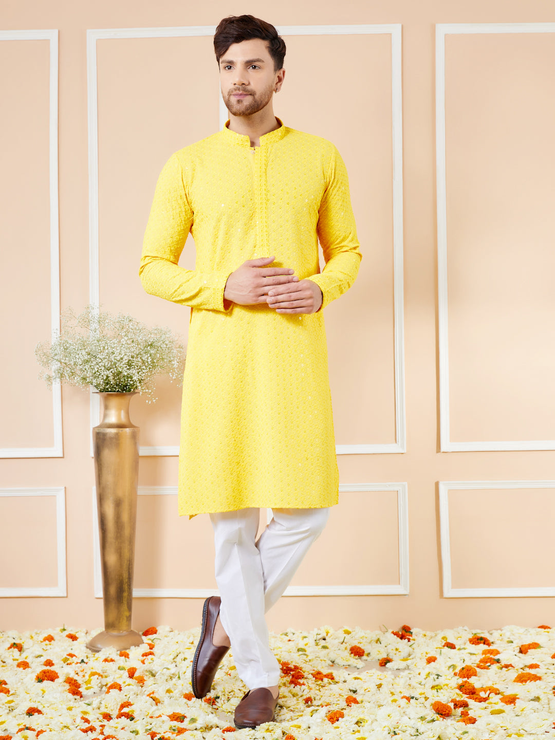 Yellow Sequins Embroidered Rayon Kurta with Pyjama