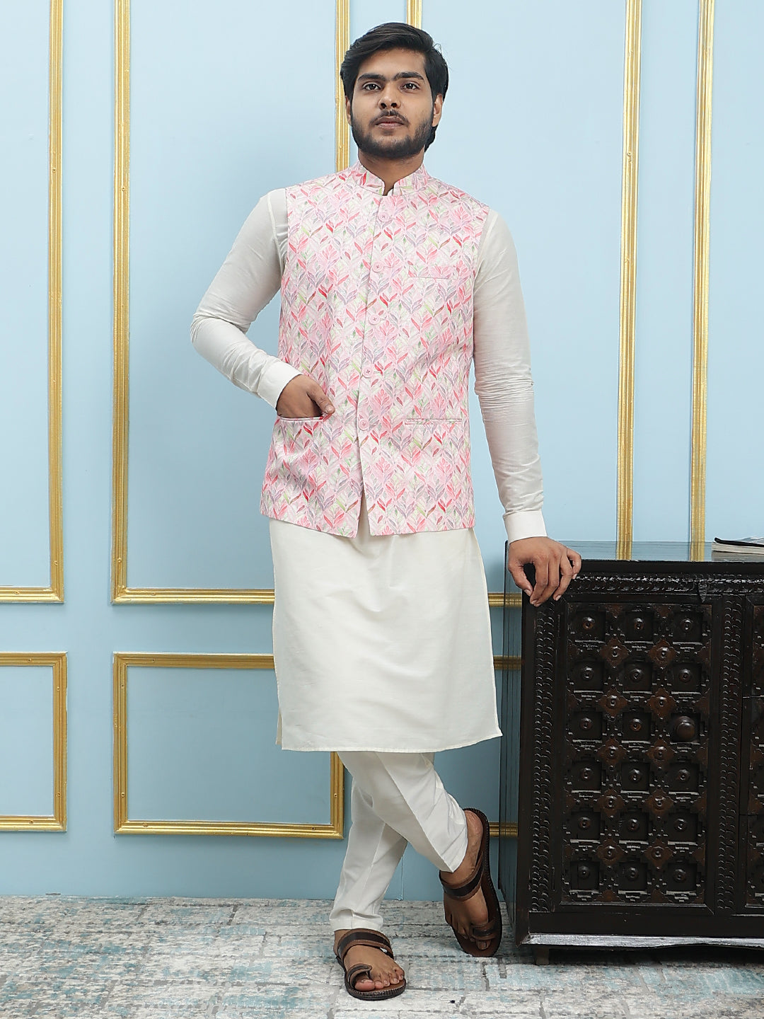 Pure Silk Straight Kurta & Pyjama Set with Printed Cotton Nehru Jacket
