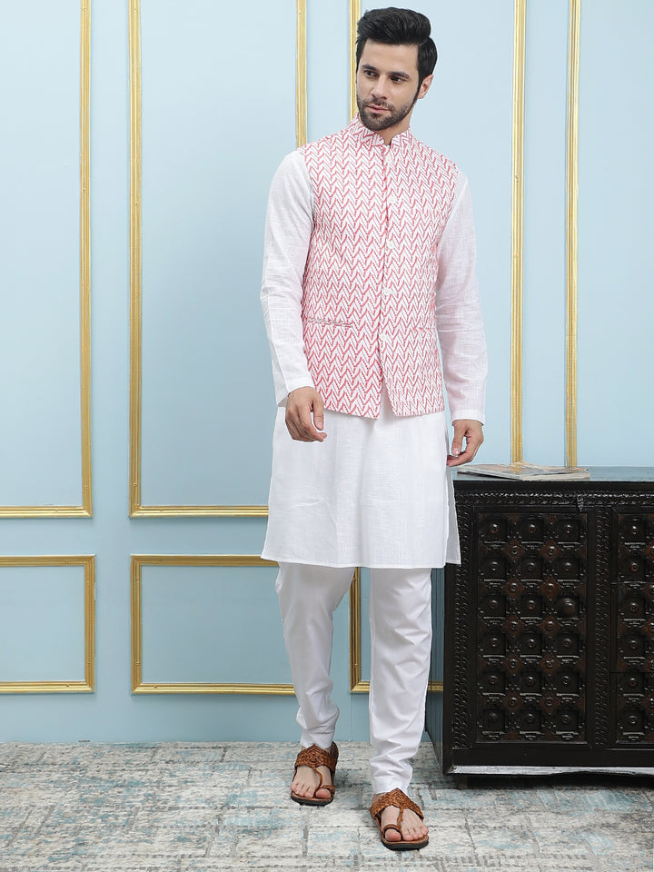 Pure Cotton Straight Kurta & Pyjama with Embroidered Nehru Jacket