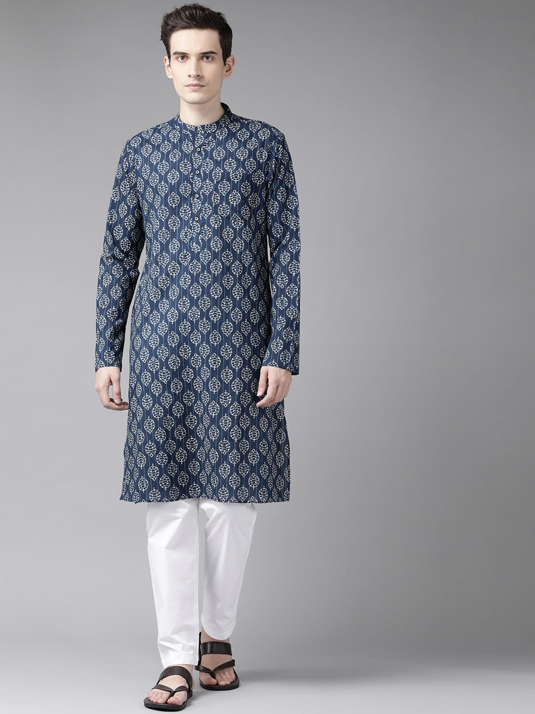 Blue and Beige Printed Straight kurta with pyjama