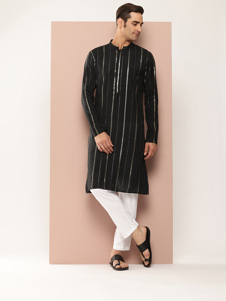 Men’s Black Chanderi Silk Kurta with Embroidery and Sequins, Paired with Pyjama