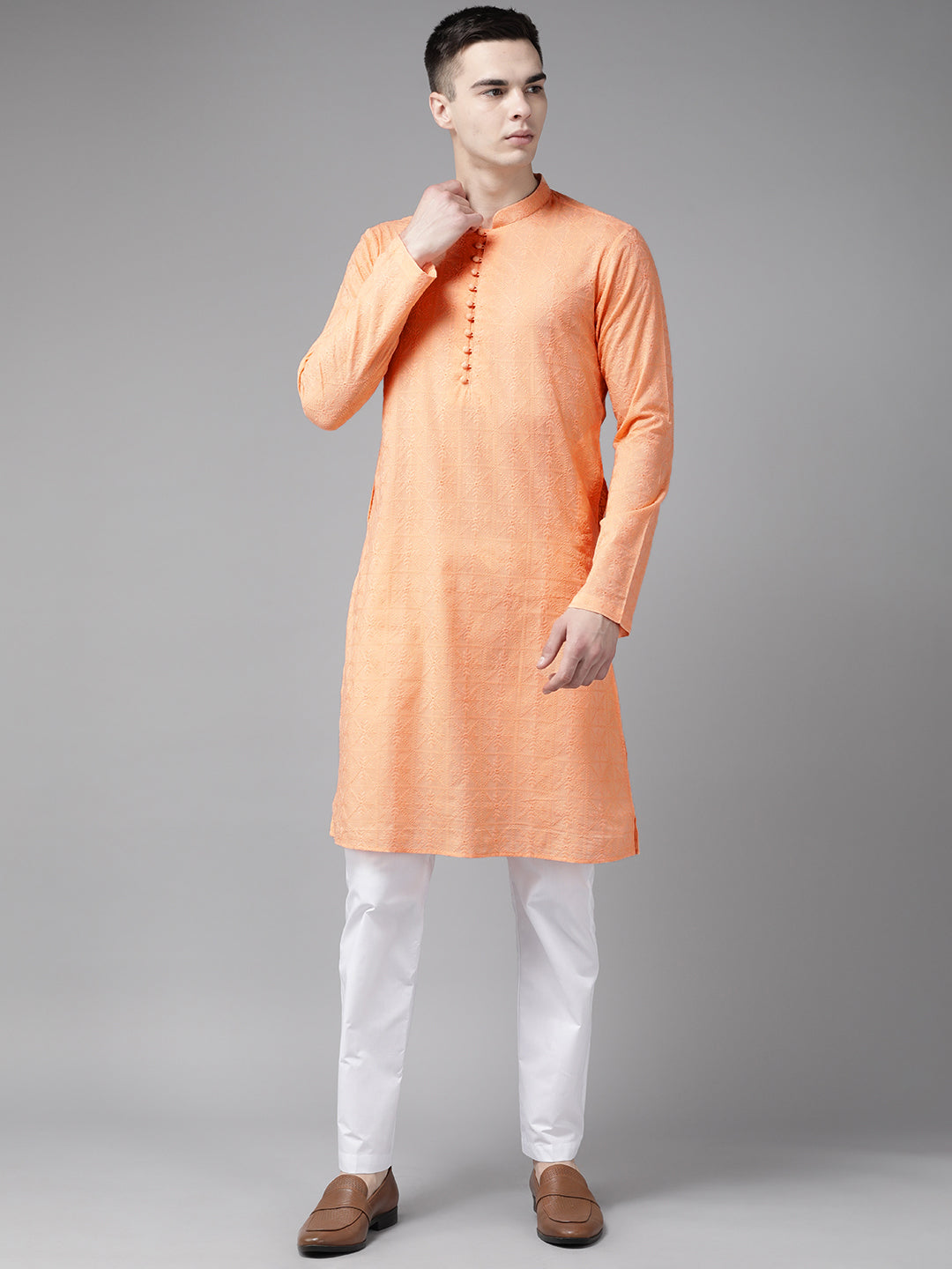 Men's Peach Embroidered Chikankari Kurta with Pyjamas - Ethnic Motifs, Regular Fit, Silk Blend