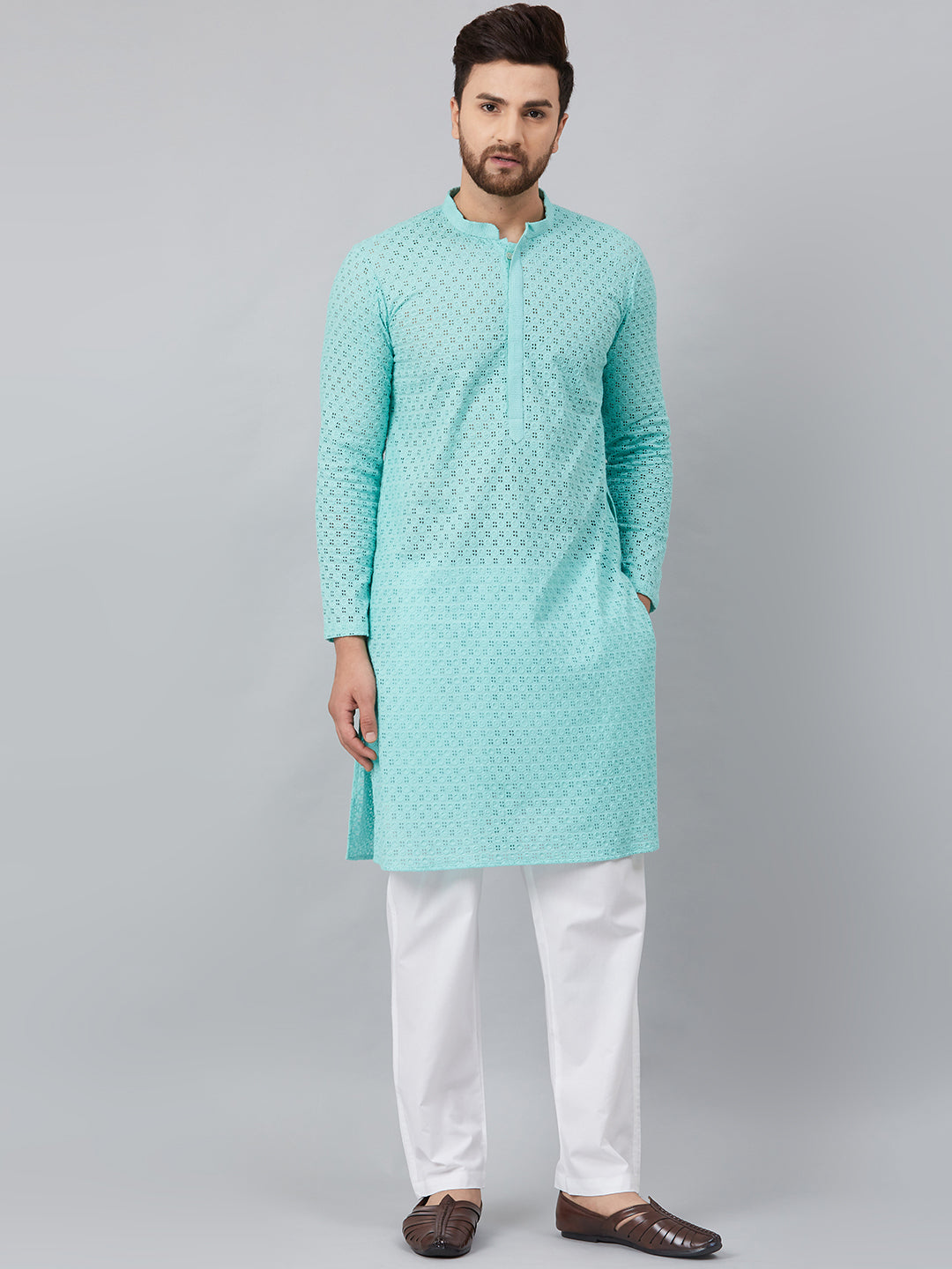 Men White Chikankari Embroidered Straight Kurta