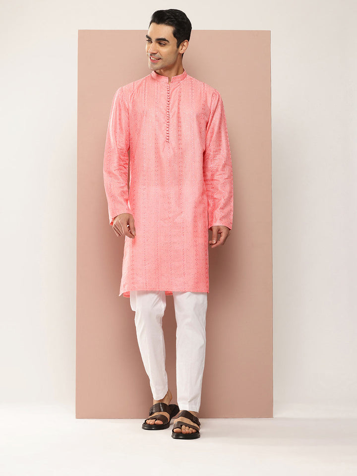 Men’s Pink Chanderi Silk Kurta with Embroidery and Sequins, Paired with Pyjama