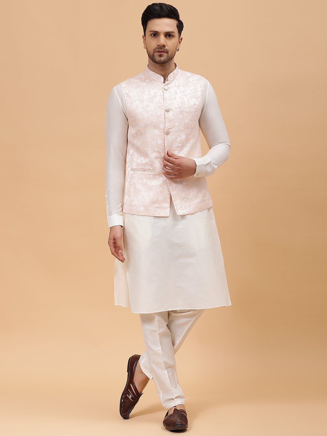Pure Silk Kurta & Pyjama with Woven Jacquard Nehru Jacket
