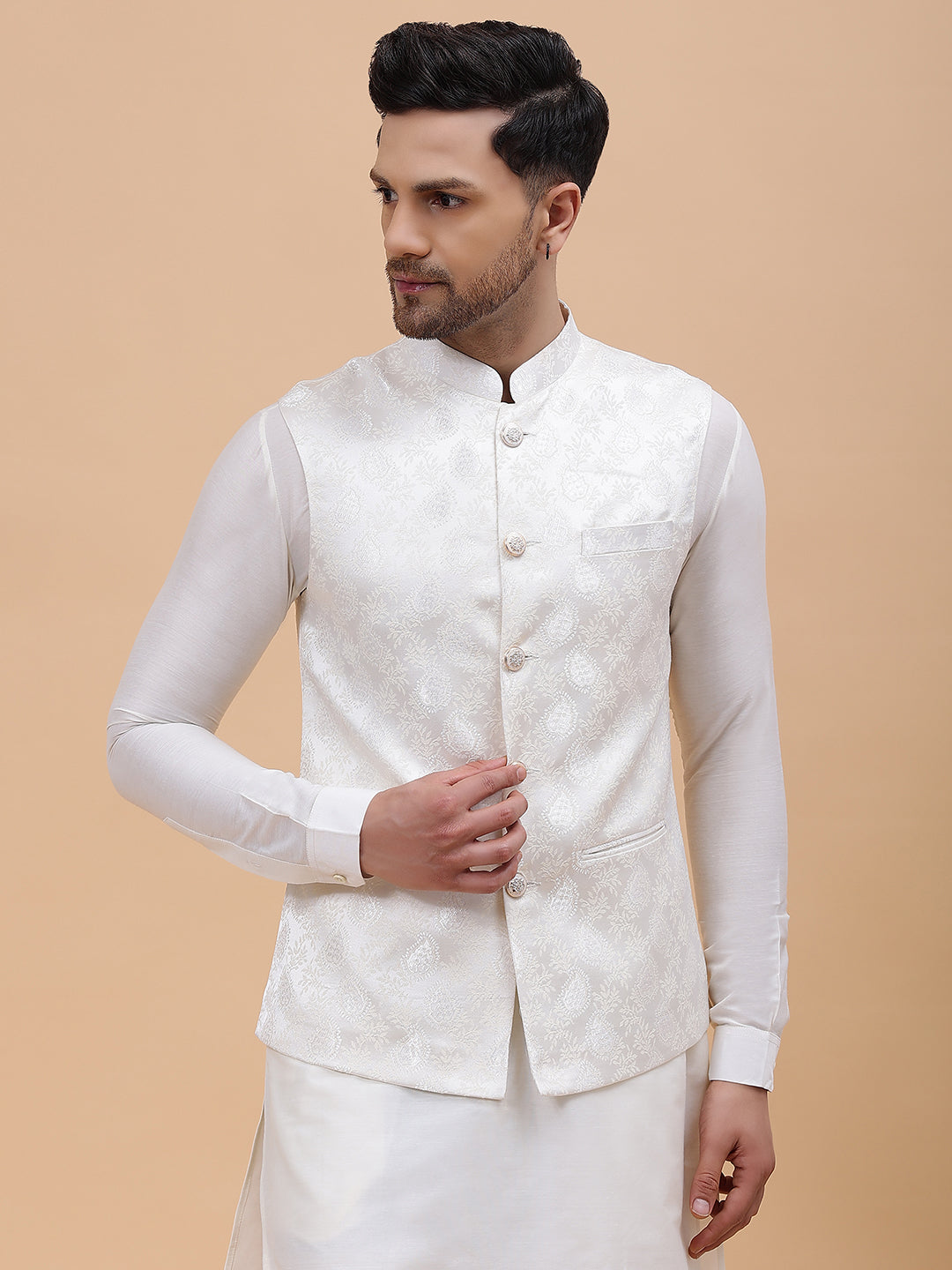 Men Sap Green & White Woven Jacquard Neharu Jacket
