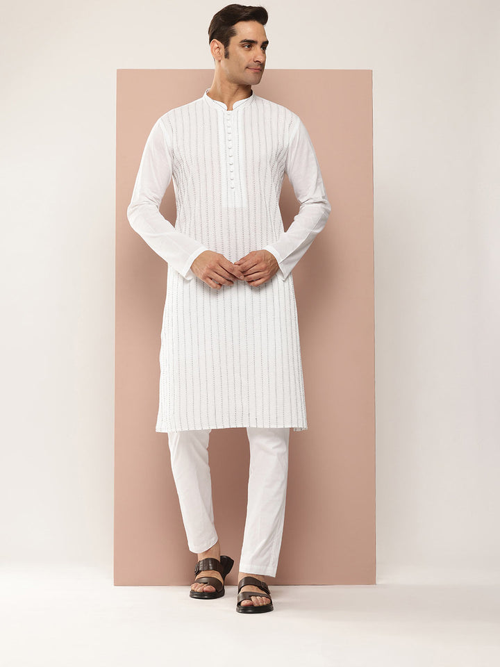 Men’s White Cotton Kurta with Thread Work, Paired with Pyjama